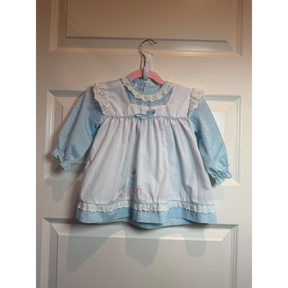 Vintage Cradle Togs Baby Girl Blue Bird Dress White Pinafore Mushroom Lace 18M